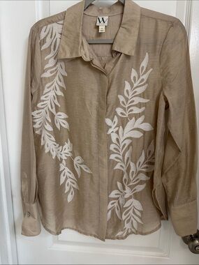 W by Worth Taupe Shirt with White Leaf Embroidery